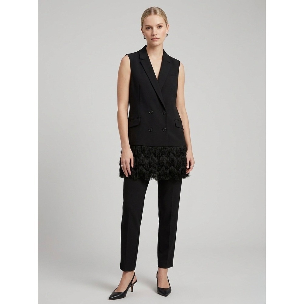 Banana Republic Women Black Wool Fringe Hem Double Breasted Tuxedo Vest Size 14